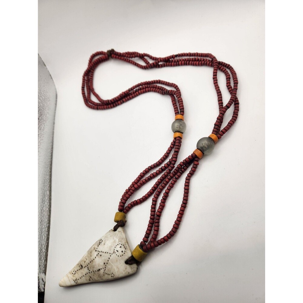 Vintage Naga Tribal Conch Shell Pendant Necklace Nagaland Multi Strand Seed Bead